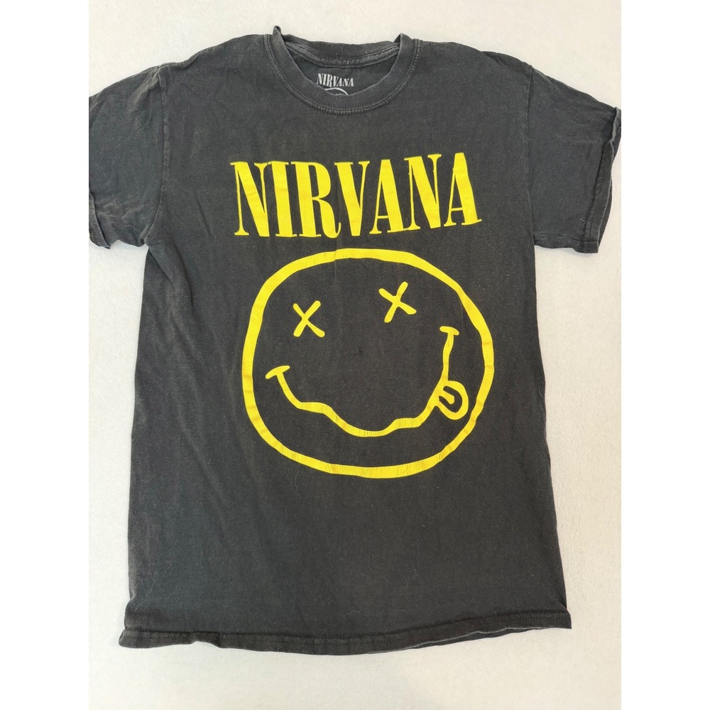 Nirvana Smiley Face Graphic T-Shirt Faded Black Small Rock Band Tee